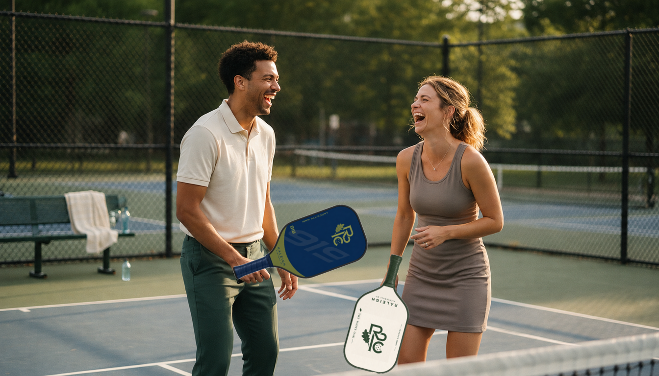 Two Raleigh pickleball players holding the 919 All-Court and White Oak paddles